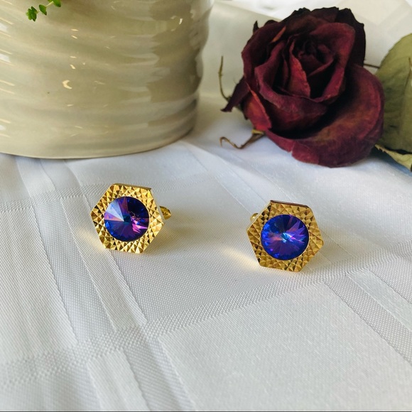 Vintage Woodsonia Hong Kong purple rivoli stone gold tone cufflinks. - Picture 3 of 8